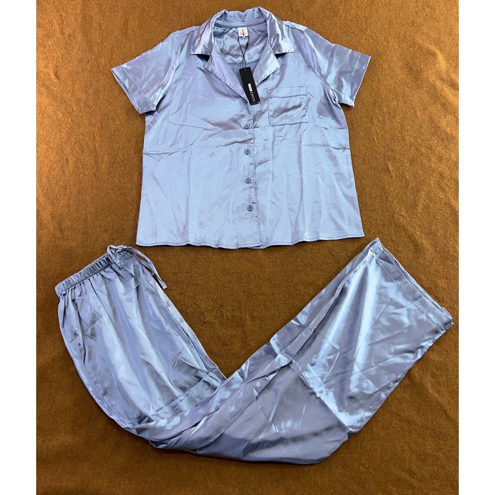 Fashion Nova Womens Small Light Blue Pillow Fight Satin PJ Pants Set NWT